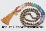 GMN6224 Knotted 7 Chakra 8mm, 10mm yellow tiger eye 108 beads mala necklace with tassel & charm