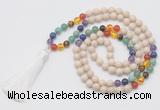 GMN6235 Knotted 7 Chakra 8mm, 10mm white fossil jasper 108 beads mala necklace with tassel