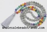 GMN6237 Knotted 7 Chakra 8mm, 10mm labradorite 108 beads mala necklace with tassel