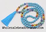 GMN6240 Knotted 7 Chakra 8mm, 10mm turquoise 108 beads mala necklace with tassel