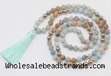 GMN6244 Knotted 8mm, 10mm matte amazonite & picture jasper 108 beads mala necklace with tassel