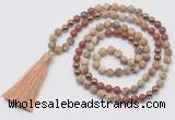 GMN6246 Knotted 8mm, 10mm matte picture jasper & red jasper 108 beads mala necklace with tassel