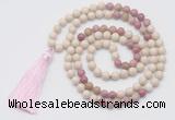 GMN6250 Knotted 8mm, 10mm white fossil jasper & pink wooden jasper 108 beads mala necklace with tassel