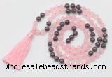 GMN6252 Knotted 8mm, 10mm rose quartz & garnet 108 beads mala necklace with tassel