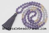 GMN6253 Knotted 8mm, 10mm amethyst, citrine & white crystal 108 beads mala necklace with tassel