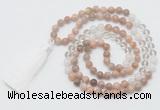 GMN6254 Knotted 8mm, 10mm sunstone, white crystal & white jade 108 beads mala necklace with tassel