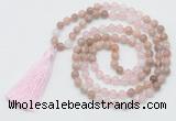 GMN6255 Knotted 8mm, 10mm sunstone, rose quartz & white jade 108 beads mala necklace with tassel