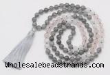 GMN6256 Knotted 8mm, 10mm labradorite, rose quartz & white moonstone 108 beads mala necklace with tassel