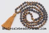 GMN6258 Knotted 8mm, 10mm yellow tiger eye, garnet & smoky quartz 108 beads mala necklace with tassel