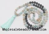 GMN6263 Knotted 8mm, 10mm matte amazonite & black lava 108 beads mala necklace with tassel