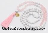 GMN6302 Knotted rose quartz & white howlite 108 beads mala necklace with tassel & charm