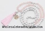 GMN6303 Knotted matte rose quartz & white howlite 108 beads mala necklace with tassel & charm