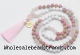 GMN6304 Knotted white howlite, pink jasper & rose quartz 108 beads mala necklace with tassel & charm