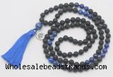 GMN6314 Knotted black lava & lapis lazuli 108 beads mala necklace with tassel & charm