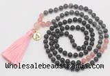 GMN6317 Knotted matte black agate, black labradorite & rose quartz 108 beads mala necklace with tassel & charm