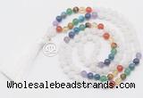 GMN6319 Knotted 7 Chakra white jade 108 beads mala necklace with tassel & charm