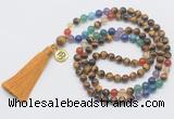 GMN6323 Knotted 7 Chakra yellow tiger eye 108 beads mala necklace with tassel & charm