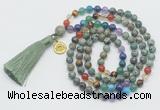 GMN6326 Knotted 7 Chakra African turquoise 108 beads mala necklace with tassel & charm