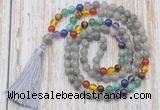 GMN6337 Knotted 7 Chakra 8mm, 10mm labradorite 108 beads mala necklace with tassel