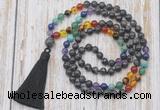 GMN6338 Knotted 7 Chakra 8mm, 10mm black labradorite 108 beads mala necklace with tassel