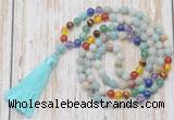 GMN6339 Knotted 7 Chakra 8mm, 10mm amazonite 108 beads mala necklace with tassel