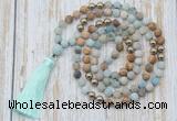 GMN6344 Knotted 8mm, 10mm matte amazonite & picture jasper 108 beads mala necklace with tassel