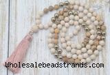 GMN6345 Knotted 8mm, 10mm white fossil jasper & picture jasper 108 beads mala necklace with tassel