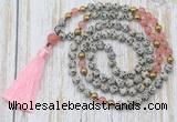 GMN6347 Knotted 8mm, 10mm dalmatian jasper & cherry quartz 108 beads mala necklace with tassel