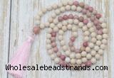 GMN6350 Knotted 8mm, 10mm white fossil jasper & pink wooden jasper 108 beads mala necklace with tassel