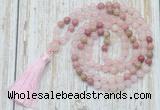 GMN6351 Knotted 8mm, 10mm rose quartz & pink wooden jasper 108 beads mala necklace with tassel