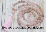 GMN6355 Knotted 8mm, 10mm sunstone, rose quartz & white jade 108 beads mala necklace with tassel