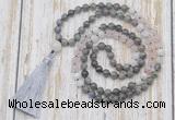 GMN6356 Knotted 8mm, 10mm labradorite, rose quartz & white moonstone 108 beads mala necklace with tassel