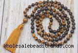 GMN6358 Knotted 8mm, 10mm yellow tiger eye, garnet & smoky quartz 108 beads mala necklace with tassel