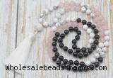 GMN6362 Knotted 8mm, 10mm black agate, rose quartz & white howlite 108 beads mala necklace with tassel