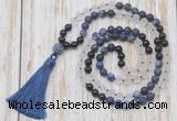 GMN6366 Knotted 8mm, 10mm matte sodalite, white crystal  & black agate 108 beads mala necklace with tassel