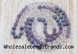 GMN6401 Hand-knotted 8mm, 10mm matte amethyst, white crystal & lapis lazuli 108 beads mala necklaces