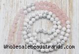 GMN6402 Hand-knotted 8mm, 10mm rose quartz & white howlite 108 beads mala necklaces