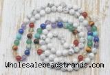 GMN6421 Hand-knotted 7 Chakra 8mm, 10mm white howlite 108 beads mala necklaces