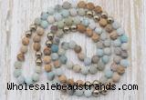 GMN6444 Hand-knotted 8mm, 10mm matte amazonite & picture jasper 108 beads mala necklaces