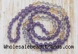 GMN6453 Hand-knotted 8mm, 10mm amethyst, citrine & white crystal 108 beads mala necklaces