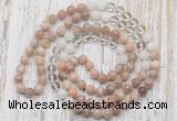 GMN6454 Hand-knotted 8mm, 10mm sunstone, white crystal & white jade 108 beads mala necklaces