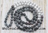 GMN6459 Knotted 8mm, 10mm snowflake obsidian, garnet & matte white howlite 108 beads mala necklaces