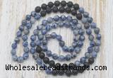 GMN6464 Hand-knotted 8mm, 10mm blue spot stone & black lava 108 beads mala necklaces