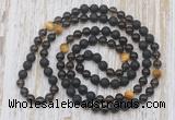 GMN6469 Knotted 8mm, 10mm black lava, smoky quartz & golden tiger eye 108 beads mala necklaces