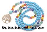 GMN6485 Knotted 7 Chakra 8mm, 10mm turquoise 108 beads mala necklace with charm