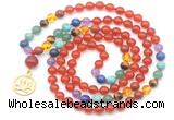 GMN6486 Knotted 7 Chakra 8mm, 10mm red agate 108 beads mala necklace with charm