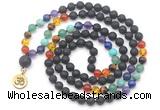 GMN6488 Knotted 7 Chakra 8mm, 10mm black lava 108 beads mala necklace with charm