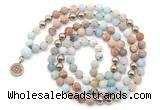 GMN6490 Knotted 8mm, 10mm matte amazonite & picture jasper 108 beads mala necklace with charm