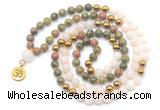 GMN6495 Knotted 8mm, 10mm unakite, white jade & hematite 108 beads mala necklace with charm