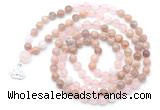 GMN6501 Knotted 8mm, 10mm sunstone, rose quartz & white jade 108 beads mala necklace with charm